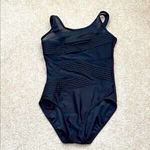 NWOT Miraclesuit High Neck Criss Cross Mesh Black One Piece Swimsuit Size 12